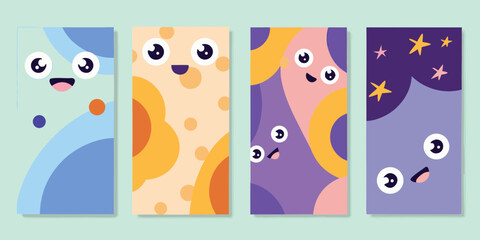 Four vertical panels featuring cute cartoon characters with abstract shapes and pastel colors