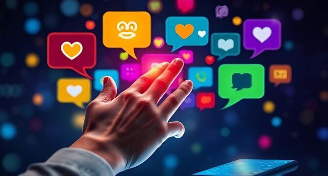 Person's Hand Reaching for Glowing Social Media Icons and Chat Bubbles in a Digital Space