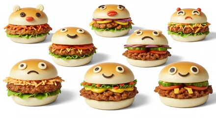 Group of hamburgers with cartoon eyes arranged on a plate in a playful food presentation
