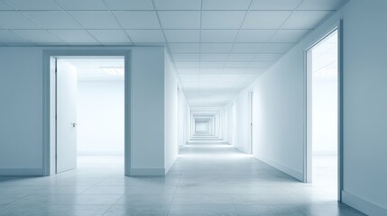 Long Empty Hallway with Open Doors, Minimalist Interior Design and Endless Perspective in Pale Blue