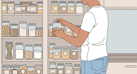 Person Organizing Jars Of Food In Well-Stocked Pantry with organized storage