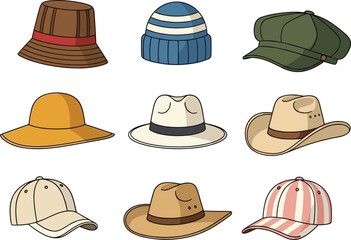 PrintVariety of Fashion Hats and Caps Vector Collection for Stylish Headwear, Accessories Design, Outfit Elements, Vintage and Modern Clipart