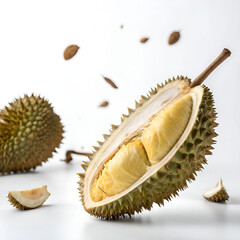 Obraz premium A whole durian levitates on a clean white background.