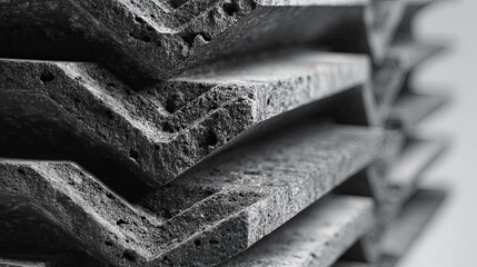 Stacked fiber cement siding panels creating geometric zigzag pattern, revealing sharp edges and textural details in monochrome gray tones