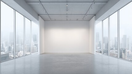 Fototapeta premium Bright Modern Gallery Space with Large Windows Overlooking a City Skyline, Perfect for Exhibitions