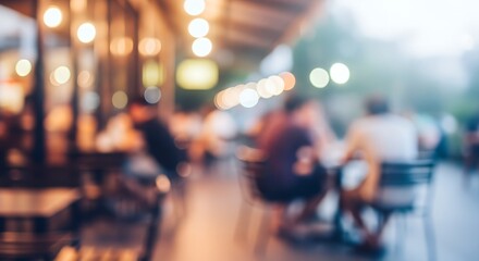 Fototapeta premium Evening ambiance at a city street cafe with a beautiful blurred background of people socializing under warm glowing bokeh lights