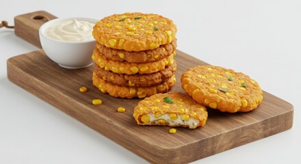 Wooden cutting board with sweet corn fritters with dip ready for cooking or preparation in a kitchen setting