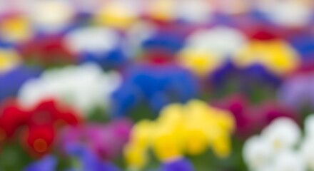 Softly blurred garden of vibrant blossoms, an abstract impression of nature's colorful palette, creating a dreamy backdrop with red, blue, yellow, and white hues