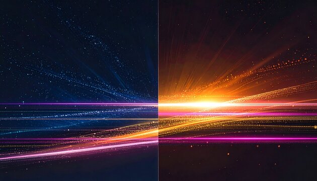 Abstract light streaks graphic design element, split screen composition with warm and cool tones, perfect for Cyber Monday Deals marketing materials.