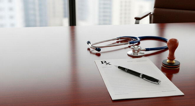 Doctor's desk with stethoscope, prescription pad, and stamp.

