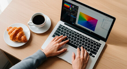 Hands working in graphic design on a laptop with coffee and a croissant on the side, depicting work from home or cafe.