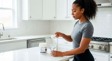 Black woman pouring creatine-like powder into a glass of water in her white kitchen.

