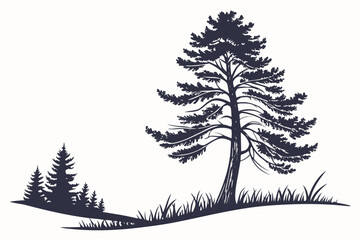 Vector art of silhouette of a pine tree on a grassy hill with a small forest, creating a peaceful and natural landscape scene