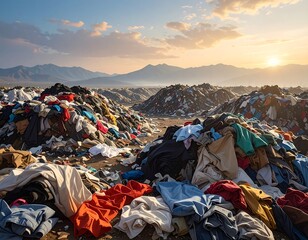 Textile waste landfill landscape with mountain backdrop and dramatic sunset