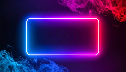 Neon glowing frame with Cyber Monday deals announcement, vibrant pink and blue color scheme, rectangular shape, smoky background, graphic design element.