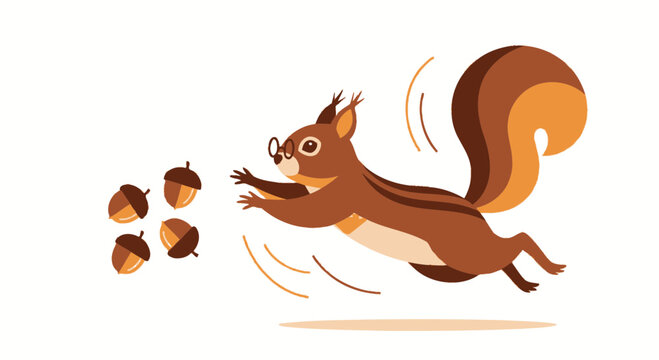 Smart Squirrel Leaping Towards Acorns, A Playful and Whimsical Cartoon Illustration