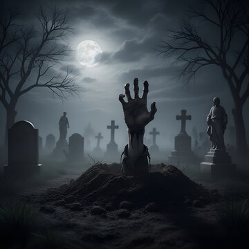 Cimeti&egrave;re un soir d'halloween, une main sort du sol