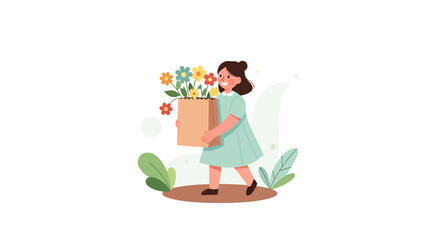 Smiling Girl Carries a Paper Bag Overflowing with Colorful Blooms in a Park