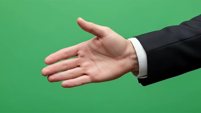 A hand with an open palm extends forward from an arm wearing a dark jacket and white cuff against a vibrant green background