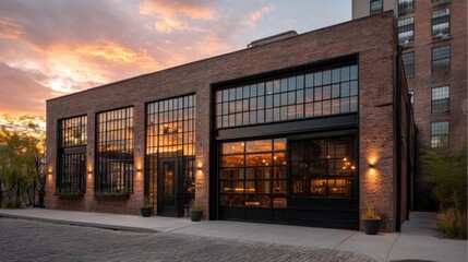 Obraz premium Industrial style building with red brick facade and large black framed windows glowing warmly at dusk or dawn,