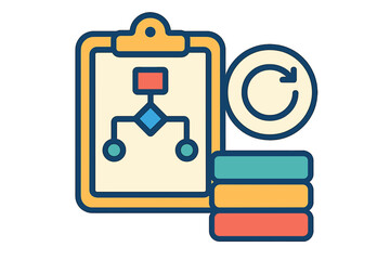 Fototapeta premium Flowchart on clipboard with database icons and refresh symbol workflow planning icons backlog