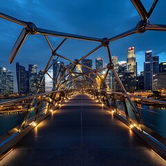 Obraz premium Night view of helix bridge with illuminated steel structure design image