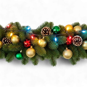 Festive christmas garland with lights isolated on transparent background
