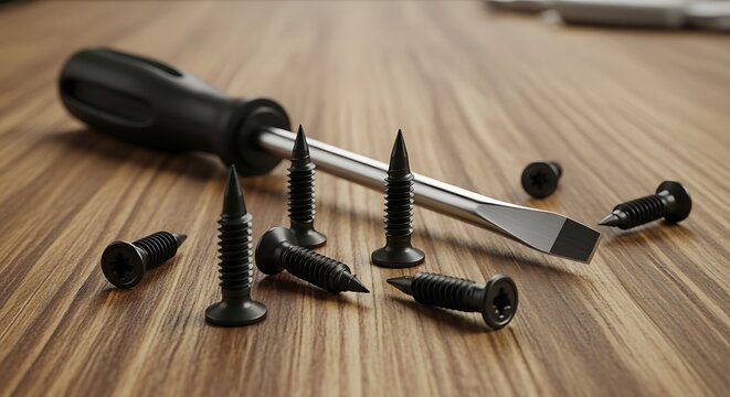Tools and Fasteners on Wood Surface.