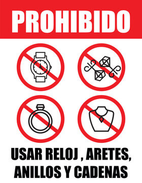 R&oacute;tulo para establecimiento comercial prohibido utilizar Reloj aretes anillos y cadenas