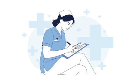 Registered Nurse Focused on Healthcare, Paperwork, and Medical Procedures Illustration