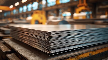 Beautiful photo of steel or aluminum sheets in warehouse, rolled metal product.