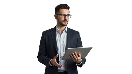 Confident Businessman in Gray Suit Holding Tablet – Professional Corporate Portrait on Gray Background