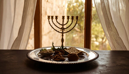 Fototapeta premium Seder Plate Minimal Silhouette with Soft Backlight. Passover Jewish Festival. Generated Image