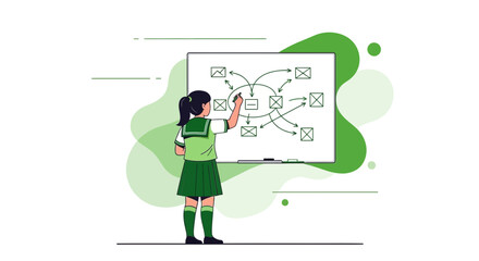 Student Illustrating A Strategy Flowchart On A Board Depicting Workflow And Planning
