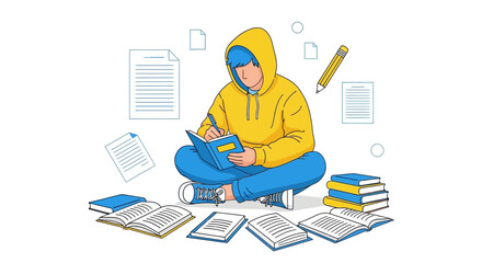 Naklejka premium Student Writing And Learning With Books And Papers In An Illustrative Educational Setting