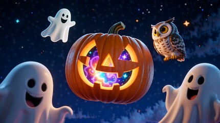 Halloween pumpkin glowing amidst playful ghosts and an owl