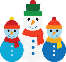 Three Cheerful Snowmen with Colorful Hats and Scarves for Winter Holiday Season