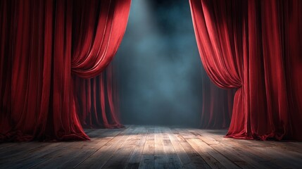 Dramatic Red Stage Curtains with Atmospheric Lighting and Wooden Floor, Perfect for Performance Arts and Theater