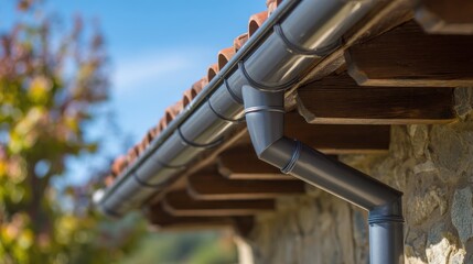 Beautiful photo of metal rain gutter system channels water away from house roof preventing damage. Downpipe directs rainfall efficiently. Durable aluminum, steel construction.