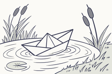 Vector art of a black and white drawing of a paper boat floating on a calm pond surrounded by reeds and a lily pad, creating a peaceful and minimalist scene