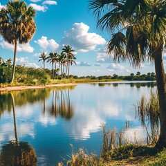 Obraz premium Paradise island landscape with palm treeas sndy shore and sea picture