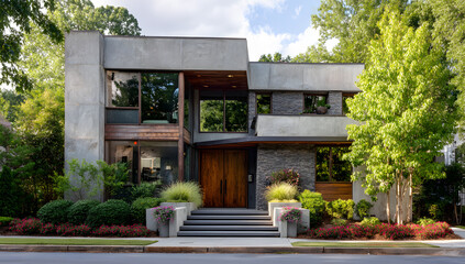 Fototapeta premium Minimalist Modern Concrete and Wood Home with Contemporary Design 
