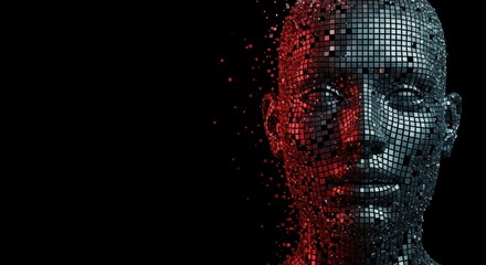 a human face made of mosaic, with red lighting and a black background