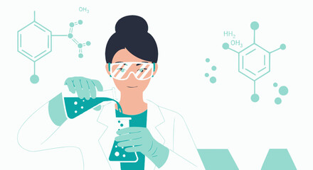 Scientist Performing Laboratory Experiments with Chemical Structures and Solutions Illustrations
