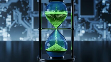 Hourglass filled with glowing binary code instead of sand, symbolizing artificial intelligence, data processing, digital time, and futuristic technology - Powered by Adobe