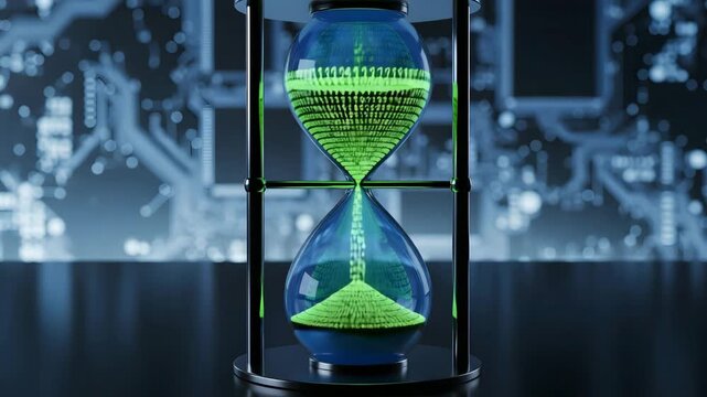 Hourglass filled with glowing binary code instead of sand, symbolizing artificial intelligence, data processing, digital time, and futuristic technology