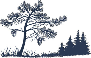 Vector art of silhouette of a pine tree with cones and a small forest, creating a serene and natural scene with a touch of wilderness