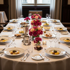 Fototapeta premium Dîner élégant avec table dressée, fleurs raffinées et assiettes gastronomiques dans une salle de réception