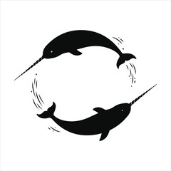 Two silhouetted narwhals swimming in a circular pattern arctic marine mammal © Mohon