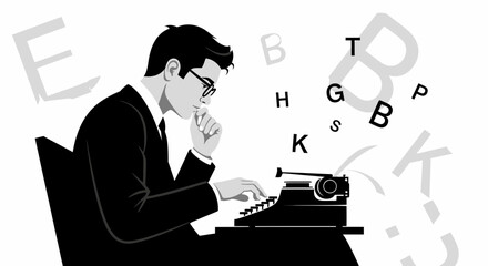 Thoughtful Writer Typing On A Classic Typewriter Concept Silhouette Depiction